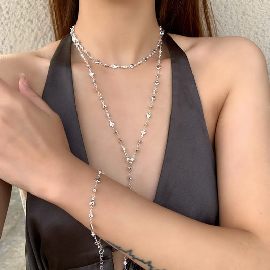 Luckacco Trendy Gold Silver Color Glass Long Y-Shaped Necklace Metal Collarbone Chain Summer Holiday Party Bohemian Body Jewelry Gifts