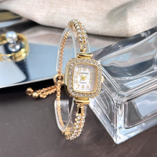 Luckacco The new ladies' small square watch features a double-row diamond bracelet and Arabic numerals fashionable quartz watch