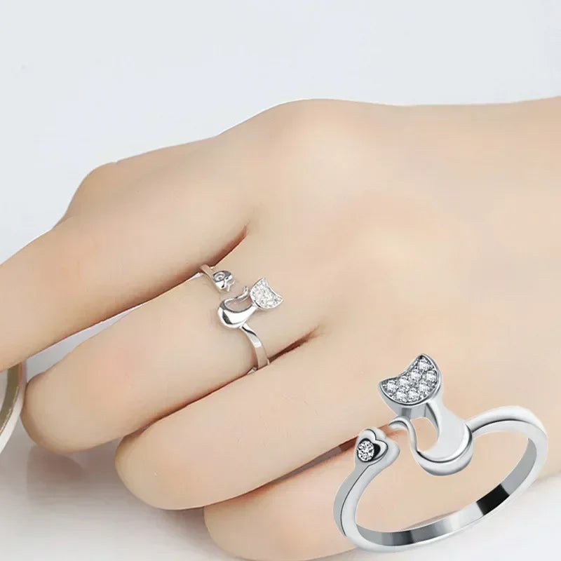 luckacco charm crystal top quality cubic zirconia crystal inlaid cute animal cat ring for women girls fashion animal anillo de mujer open