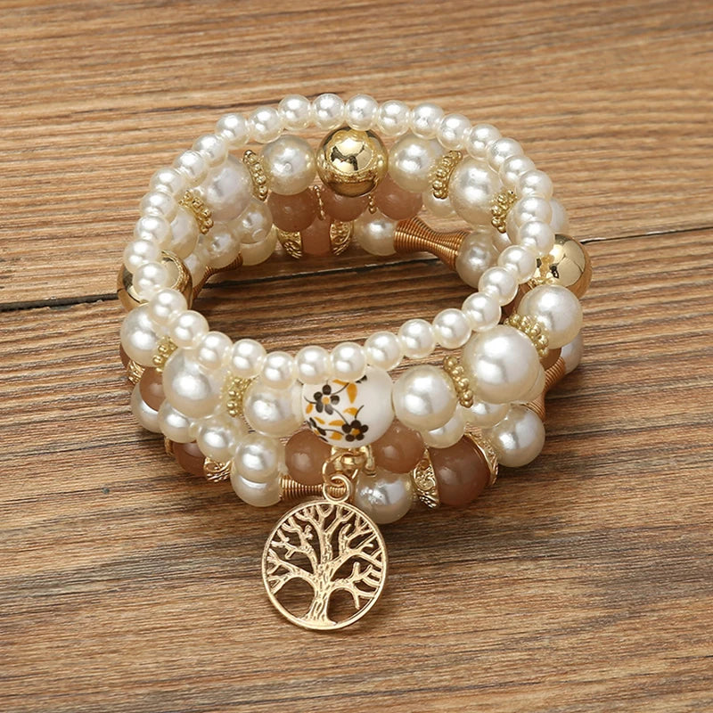 luckacco imitation pearl stretch bead bracelets set for women metal adjustable elastic charms vintage strand girls' fashion jewelry c1306