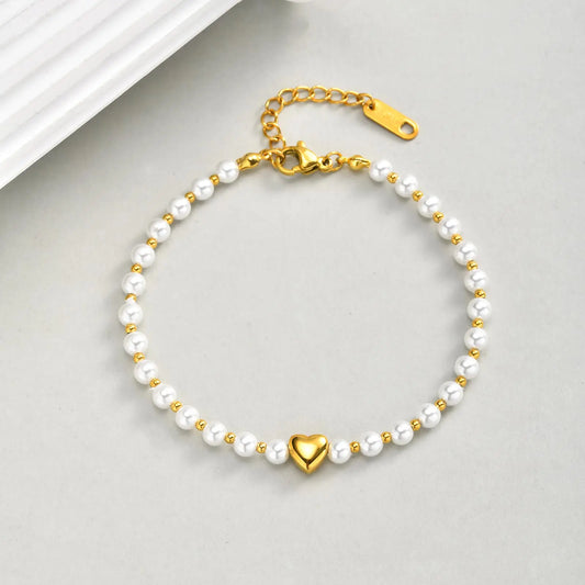 Luckacco Elegant High Quality Imitation Pearl Beads Bracelet for Women, Stainless Steel Heart Charm Bracelet, Waterproof Fashion Jewelry