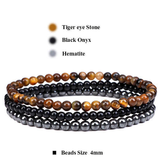 Luckacco 3pcs Amethysts Purple Agates Elastic Bracelets For Women Men Natural Stone Tiger Eye Black Onyx 4mm Beads Bracelet Set Jewelry