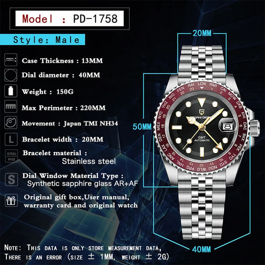 Luckacco PAGANI DESIGN V4 40MM GMT NH34 Luxury Men's Watches Top Fashion Automatic Mechanical Watches for Men Sapphire Waterproof Clock