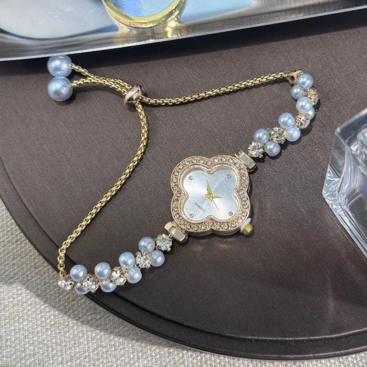 Luckacco Diamond Set Color Light Luxury Drawstring Watch Exquisite Small Pearl Clover Drawstring Style Quartz Women's Watch