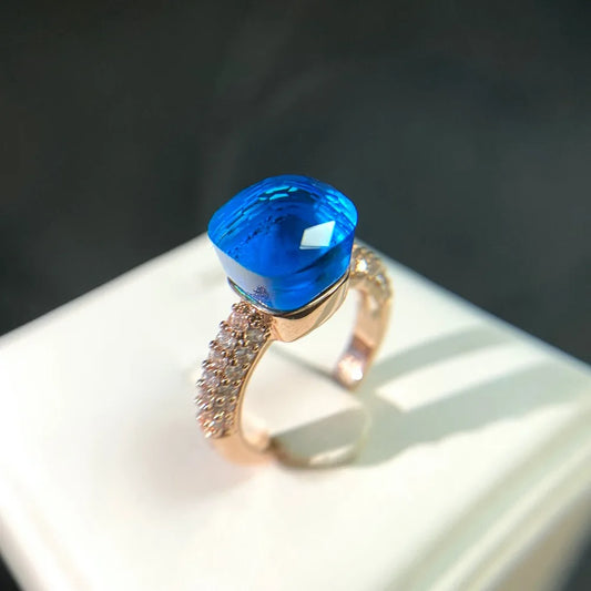 Luckacco Hot Candy Square Ring Inlay Zircon Colorful Crystal Ring For Women Party Fashion Jewelry Gold Plated Blue Topaz Ring Gift