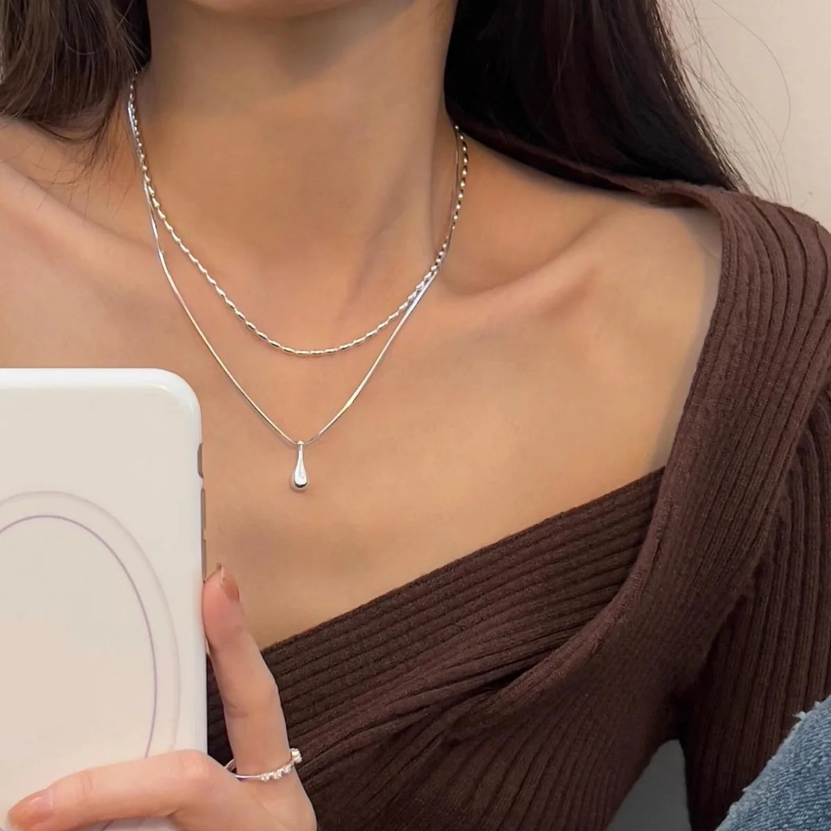 luckacco 925 sterling silver simple design drop pendant necklace for women double collar chain fashion fine jewelry gifts