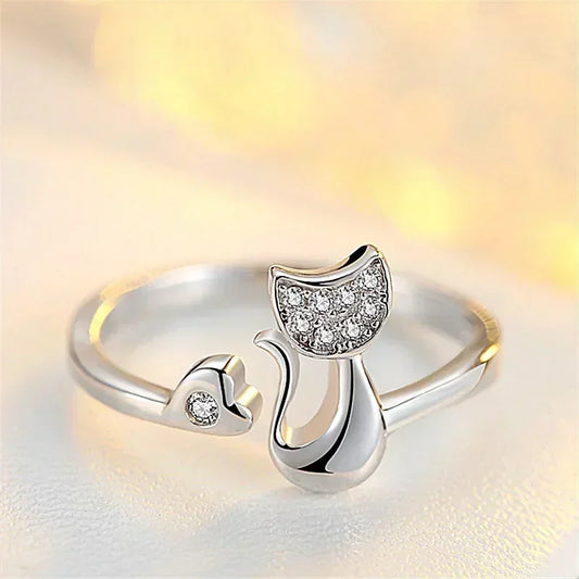 Luckacco Charm Crystal Top Quality Cubic Zirconia Crystal Inlaid Cute Animal Cat Ring for Women Girls Fashion Animal Anillo De Mujer Open