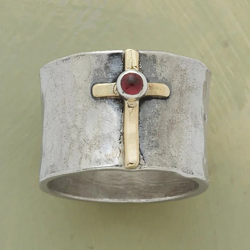 luckacco elegant woman red stone cross ring fashion silver color religious belief statement ring punk red beads crystal rings for women