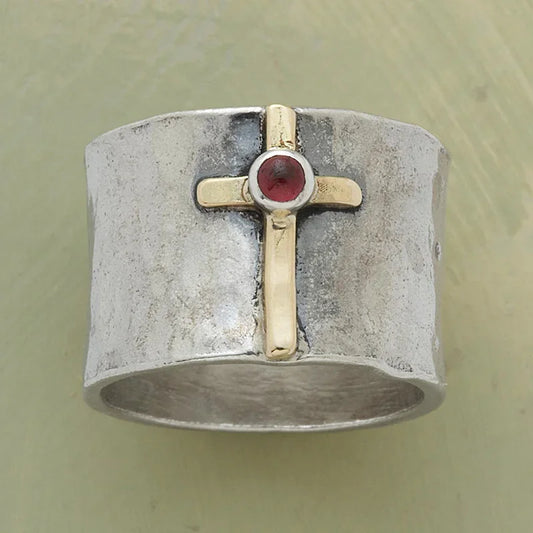 Luckacco Elegant Woman Red Stone Cross Ring Fashion Silver Color Religious Belief Statement Ring Punk Red Beads Crystal Rings for Women
