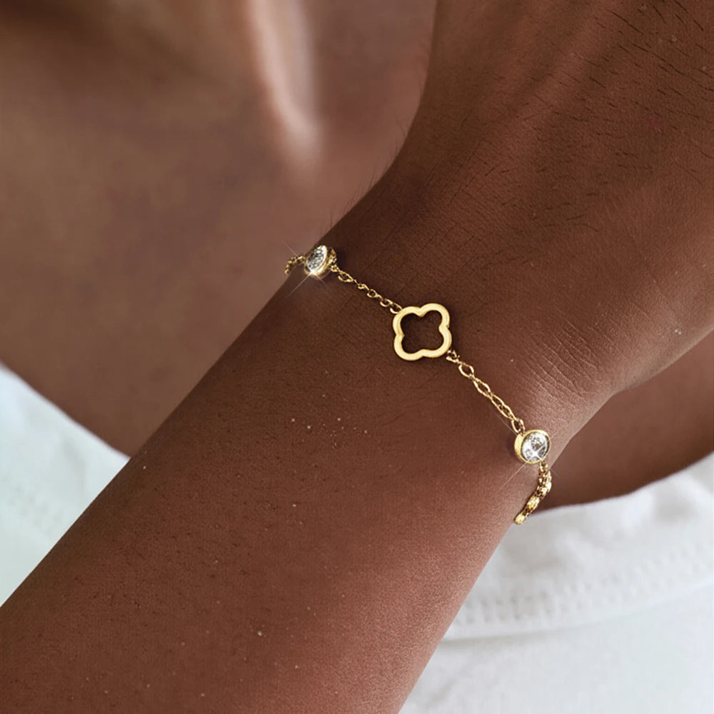 luckacco stainless steel lucky hollow clover crystal zirconia bracelet simple and generous design wrist jewelry for women's daily wear