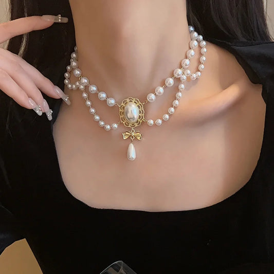 Luckacco New Baroque Pearl Choker Necklace For Women Luxury Wedding Party Triple-layer Beaded Necklace Torques Ladies Trendy Jewelry Gift