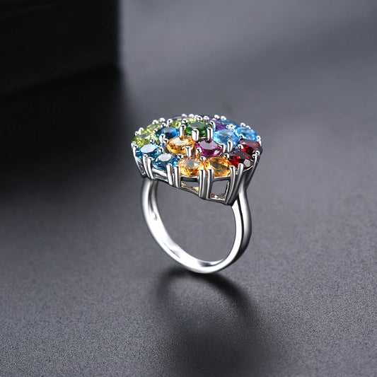 Luckacco Natural Colorful Gemstone 925 Sterling Silver Rings Genuine Multicolor Gemstone Elegant Style Fine Jewelry Women Wedding Rings
