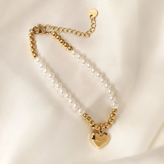 Luckacco NEWBUY High Quality Non-Fading Stainless Steel Jewelry Trendy Gold Color Heart Pearl Charm Bracelet For Women Gift