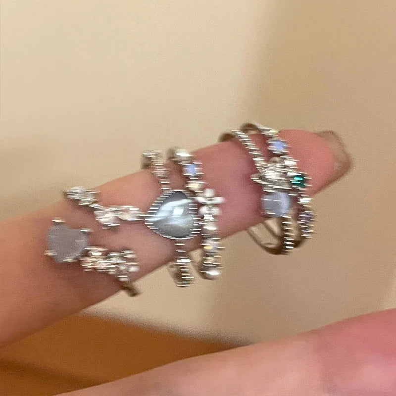 luckacco 2024 fashion jewelry crystal rings heart adjustable ring irregular geometry punk vintage rings set for women girls
