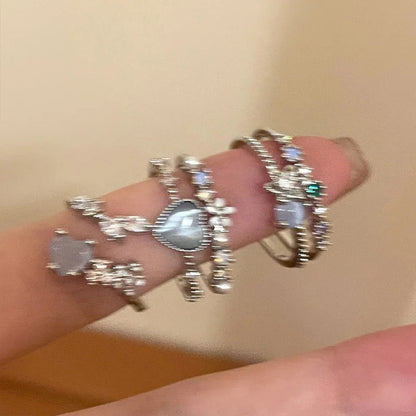Luckacco 2024 Fashion Jewelry Crystal Rings Heart Adjustable Ring Irregular Geometry Punk Vintage Rings Set for Women Girls