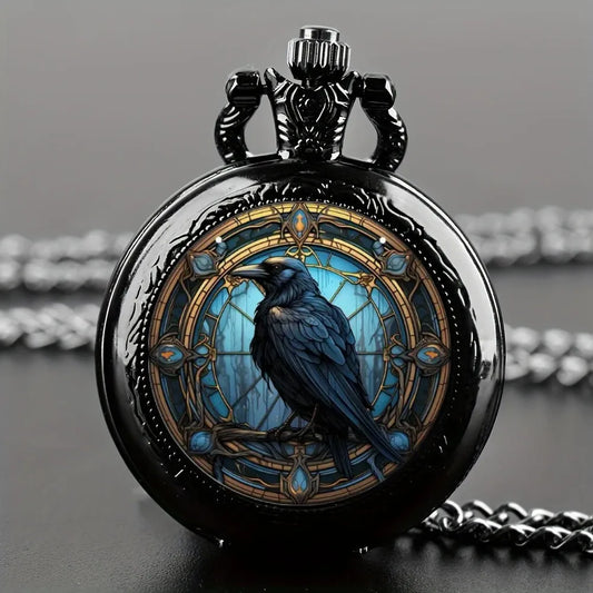 Luckacco Unique Vintage Black Crow Mini Quartz Pocket Watch,Necklace Pendant With World Time Feature, Ideal Gift For Men & Women and Kids