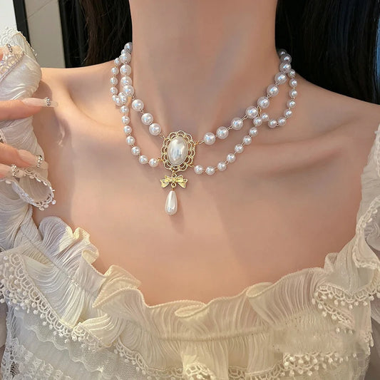 Luckacco New Baroque Pearl Choker Necklace For Women Luxury Wedding Party Triple-layer Beaded Necklace Torques Ladies Trendy Jewelry Gift