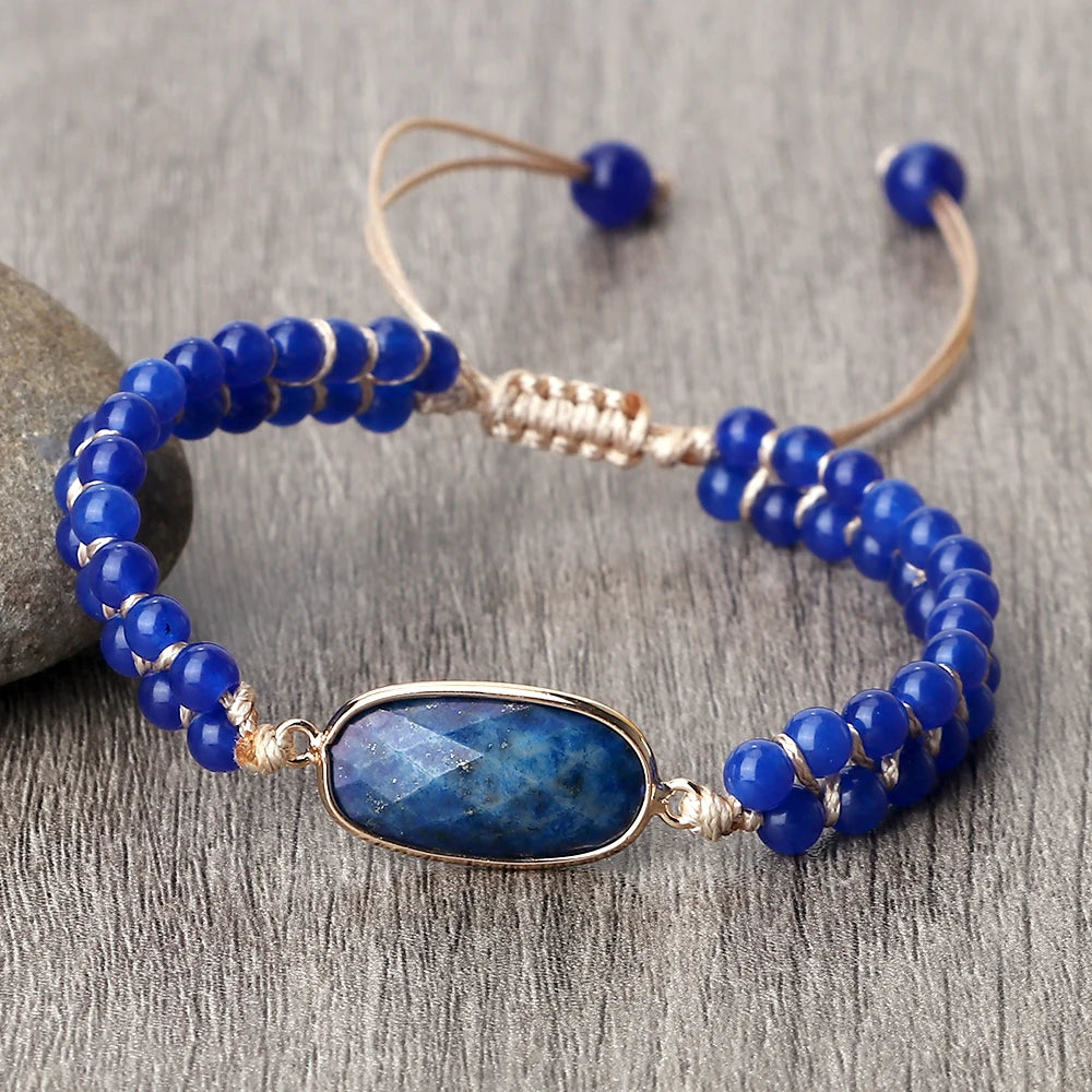 luckacco handmade natural chalcedony stone wrap bracelet & bangle charm lazurite pendant braided beaded bracelets women men yoga jewelry