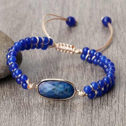 Luckacco Handmade Natural Chalcedony Stone Wrap Bracelet & Bangle Charm Lazurite Pendant Braided Beaded Bracelets Women Men Yoga Jewelry