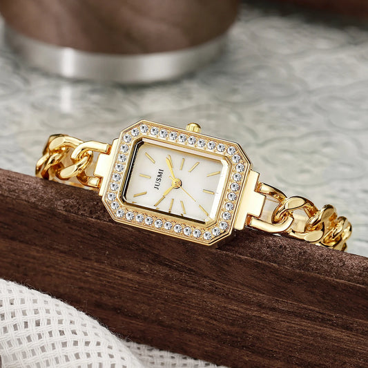 Luckacco Ladies' high-value fashion bar scale square dial buckle shaped steel strip inlaid with diamonds outer shell quartz watch