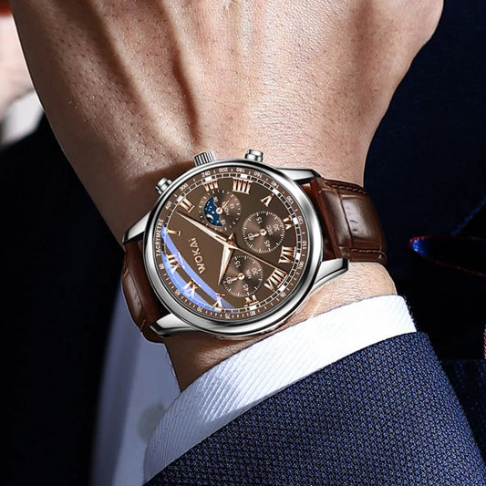 Luckacco Fashion Business Watches Fake Three-Eye Roman Numerals Dial Clock Leather Strap Quartz Watch for Men Wristwatch Часы Мужские