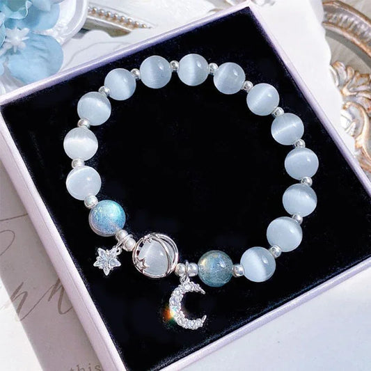Luckacco Niche Design Star Chain Tassel Bracelet for Women Fantasy Blue Crystal Beads Elastic Rope Bracelet Best Friend Jewelry Gifts