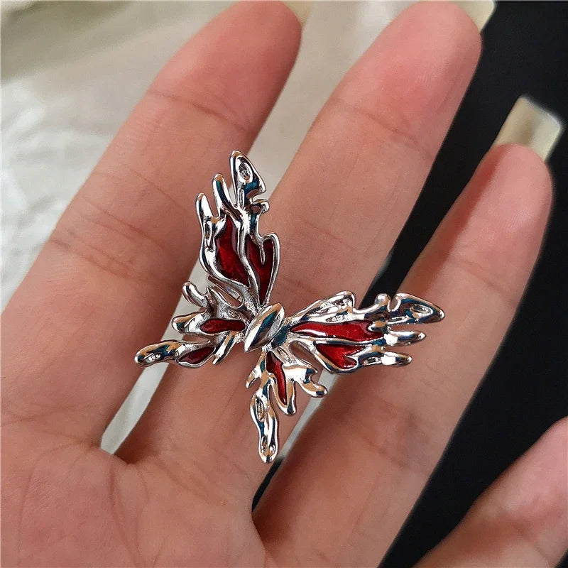 luckacco goth punk retro red crystal love heart cross geometry irregular open ring set y2k halloween accessories for women kpop jewelry