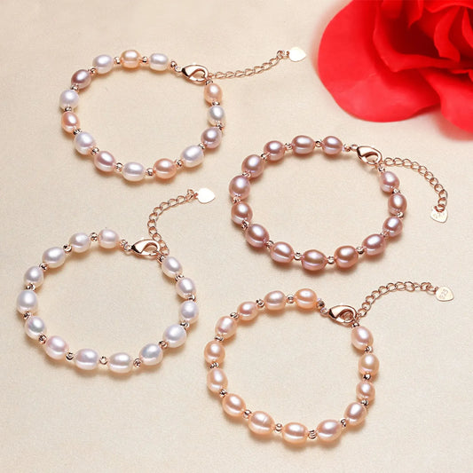 Luckacco 5-6mm Small Rice Pearl Strand Bracelets for Women Sweet Real Mixed Baroque Pearls Elegant Natural Freshwater Pearl Bracelets