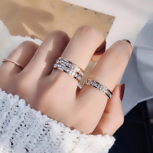 Luckacco Clear White Stones Wedding Women Ring Stainless Steel 1 and 2 Rows Bling Zircon Fashion Pair Ring Female Jewelry