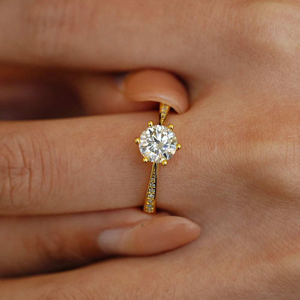 luckacco luxury 100% real 18k gold ring women's six-claw diamond ring 6.5mm round 1ct 1 karat moissanite wedding ring