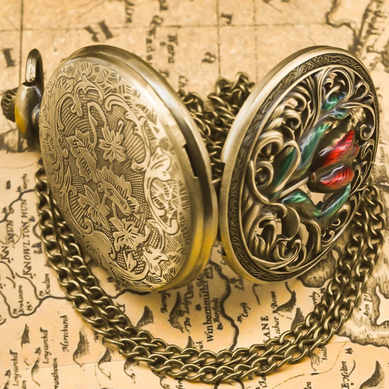 luckacco retro bronze steampunk floral carving flip-top male and female student gift quartz necklace commemorative pocket watch