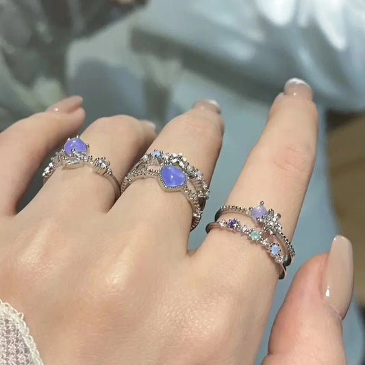 Luckacco New Y2K Crystal Rings Kpop Heart Adjustable Ring Irregular Geometry Punk Vintage Rings Set for Women Girls 2025 Fashion Jewelry