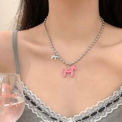Luckacco Funny Silver Color copper Beads Horse Pendant Necklace Black Choker Necklace Pink White Enamel Pendant Necklace for Women