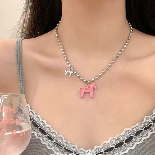 Luckacco Funny Silver Color copper Beads Horse Pendant Necklace Black Choker Necklace Pink White Enamel Pendant Necklace for Women