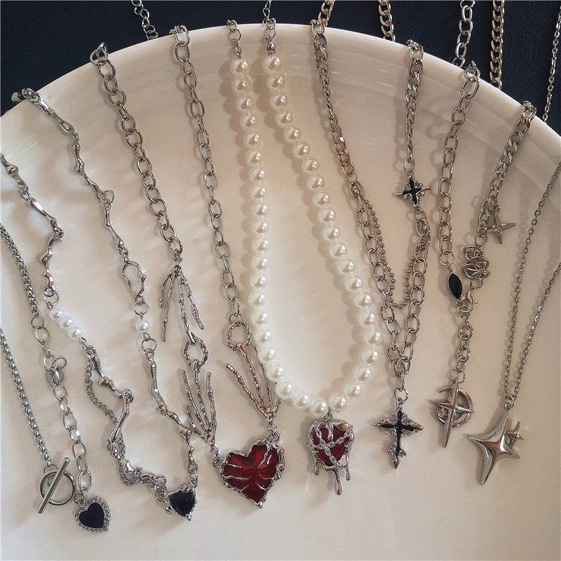 luckacco gothic vintage y2k red glass heart star cross pendant pearl bead necklace for women men aesthetic 90s grunge accessories jewelry