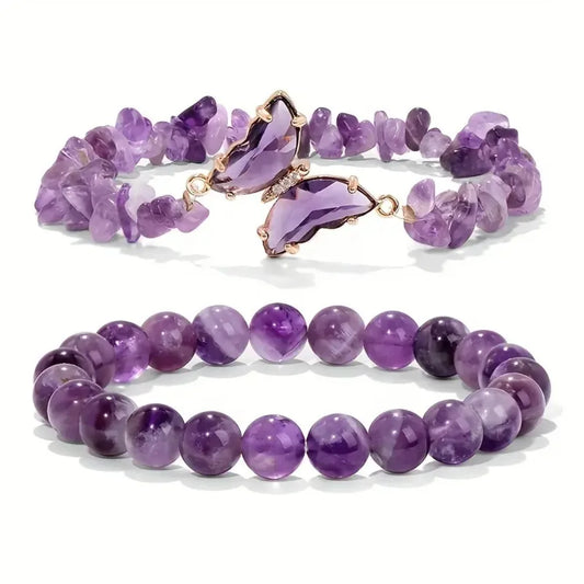Luckacco 2pc Set Romantic Amethyst Obsidian Quartz Beaded Butterfly Bracelet Women Stretch Bangles Positive Energy Daily Commute