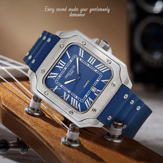 Luckacco 2025 Men's Luxury Square Quartz Watch Stainless Steel Rubber Band Roman Numeral Calendar Watch British Brand Watch