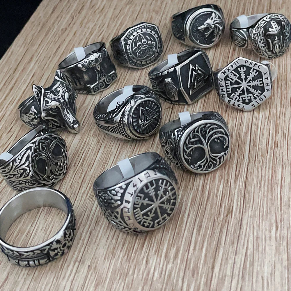 luckacco vintage nordic viking ring stainless steel men ethnic belief odin compass valknut tree of life ring amulet jewelry