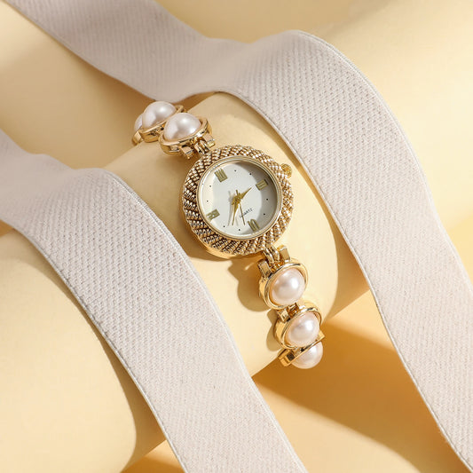 Luckacco Ladies' light luxury compact hybrid diamond dot scale small dial pearl steel strip quartz watch