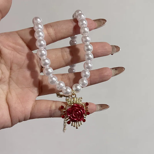 Luckacco Vintage Red Rose Baroque Cross Pearl Pendant Necklace for Women's Palace Aesthetic Jewelry