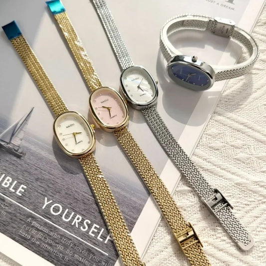Luckacco Luxury Oval Dial Rhinestone Watch New Brand Quartz Watch for Women Adjustable Stainless Steel Strap Wristwatches  Gift