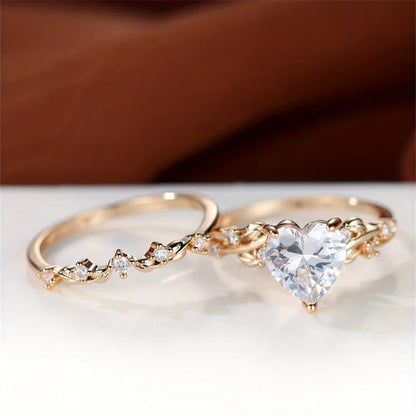 Luckacco Royal Blue Green Black Red Stone Heart Ring Sets for Women Rose Gold Color White Zircon Bridal Wedding Bands Mothers Day Jewelry