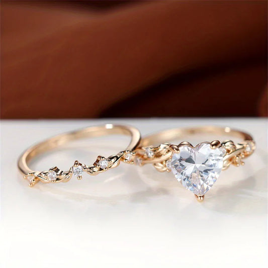 Luckacco Royal Blue Green Black Red Stone Heart Ring Sets for Women Rose Gold Color White Zircon Bridal Wedding Bands Mothers Day Jewelry