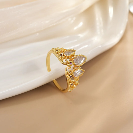 Luckacco Rapunzel Ring For Woman Fashion Wedding Party Jewelry Accessories Gold Plated Adjustable Powder Crystal Princess Crown Ring Gift