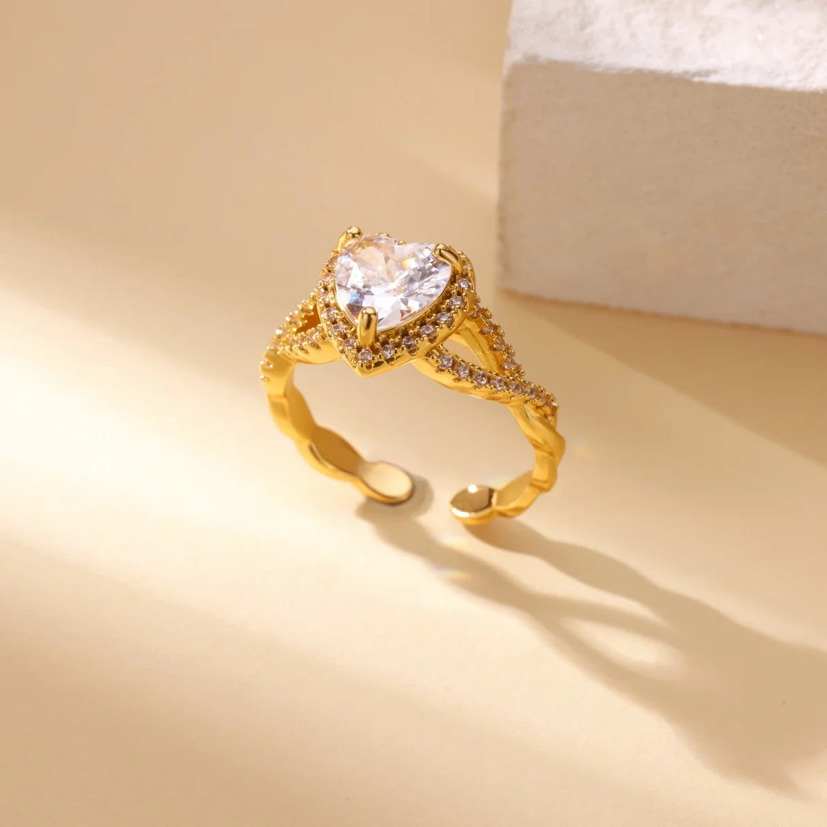 luckacco luxury zircon geometric rings for women gold color adjustable  stainless steel heart flower ring wedding fashion jewelry gift