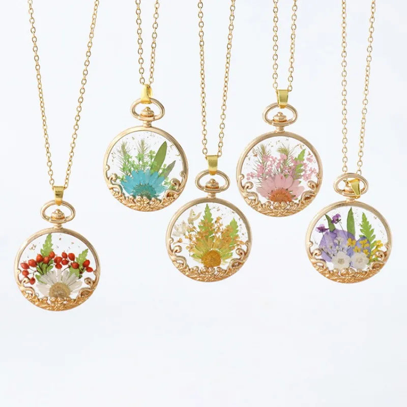 luckacco elegant dried flower charm necklace handmaking epoxy resin flowers necklace unique plant design series chain necklace