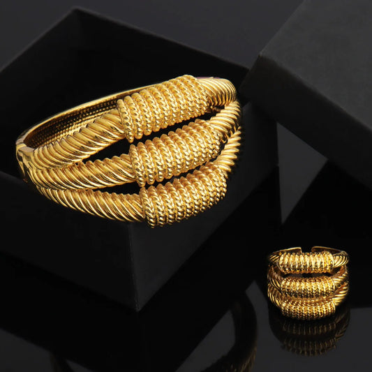 Luckacco Vintage Gold Color Middle East Women Jewelry Set Ethiopia Multi Layer And Multi Bead Design Bangle And Ring Wedding Easter Gift