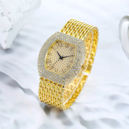 Luckacco UTHAI H64 Women's Full Diamond Watch Temperament Gold Steel Band Barrel shaped Full Sky Star Vintage Fashion Quartz Wristwatches