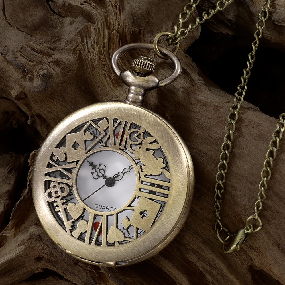 luckacco new bronze quartz pocket watch retro alice theme pocket fob watch pendant necklace pocket watch men womens gift