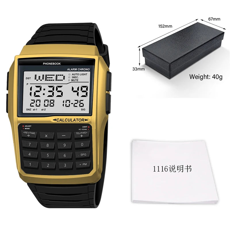 luckacco top luxury men's calculator watch multifunctional led watch stainless steel watch strap men's sports watch computer style